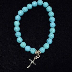 NEW Turquoise Mala Bead Bracelet Silver Cross Pendant